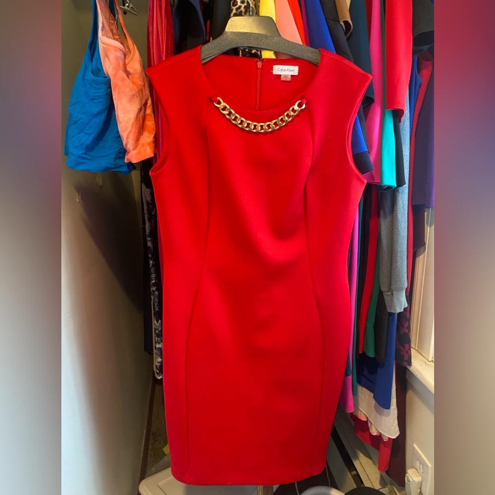 Calvin Klein Red Dress with gold chain neckline